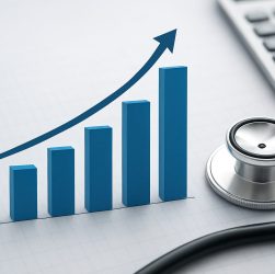 A 3D bar graph showing growth next to a stethoscope and calculator on a grid background.