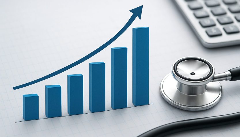 A 3D bar graph showing growth next to a stethoscope and calculator on a grid background.