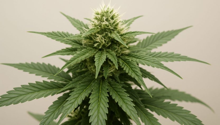 Close-up of a mature cannabis plant with green leaves and a bud