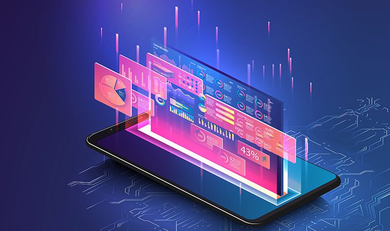 An illustrated smartphone displaying various market data analytics and performance metrics with vibrant colors